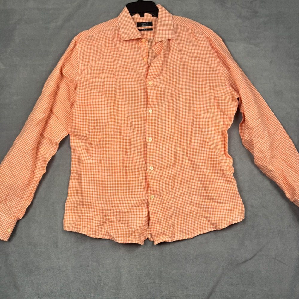 Black Saks Fifth Avenue Orange Gingham Linen Cotton Slim Fit Shirt Mens XL